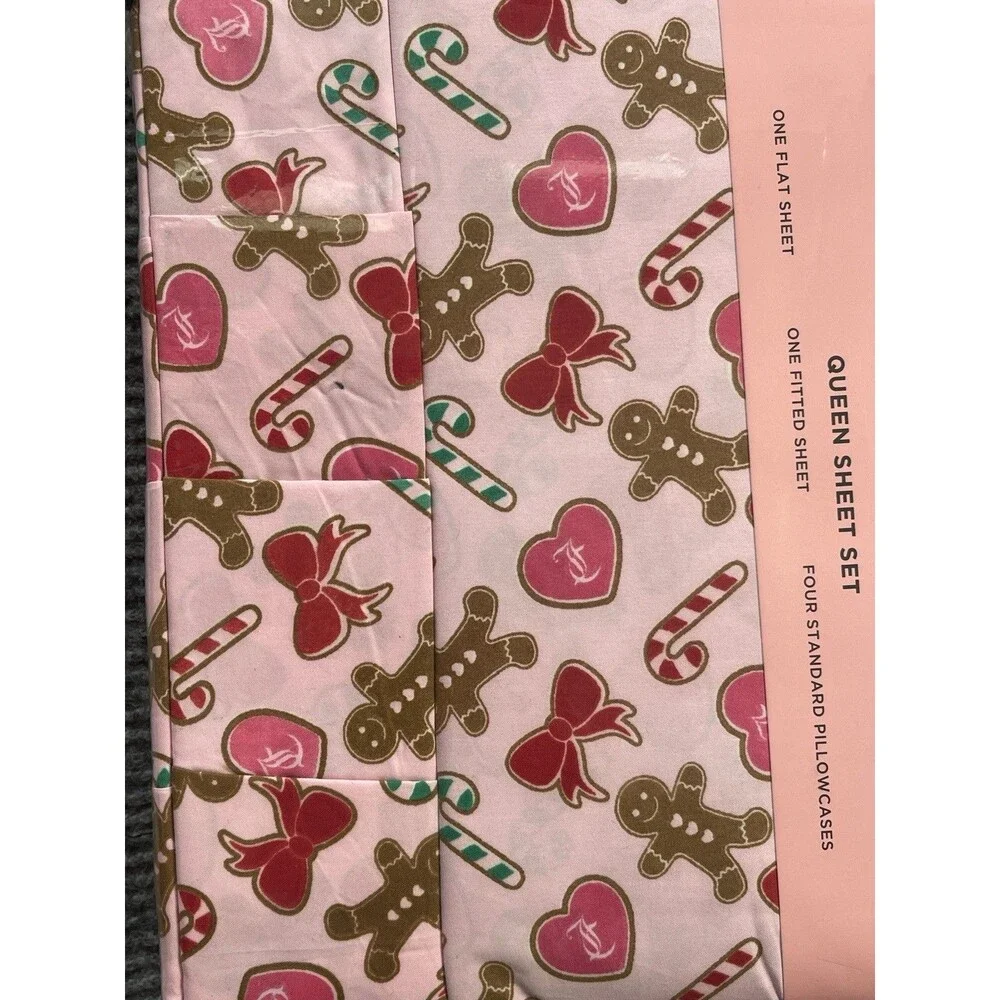 Juicy Couture Pink Christmas Peppermint Gingerbread Queen Sheet Set 6 Piece NEW